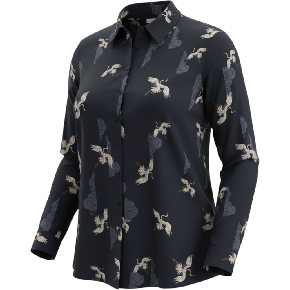 T Tahari Navy Blue Crane Print Button Down Blouse